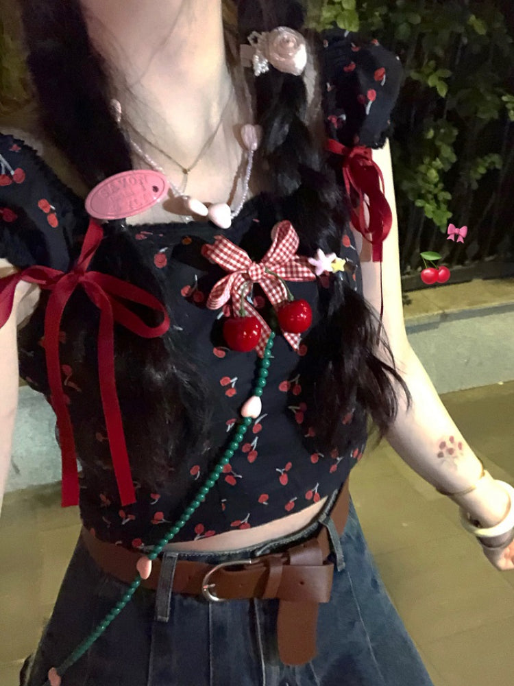Sweet Dopamine Puff Sleeve Cherry Bow Crop Tops-ntbhshop
