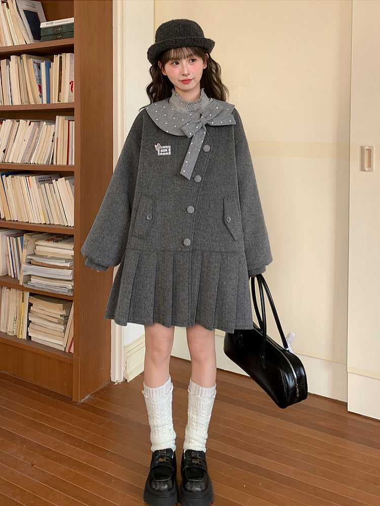 Grey Library Bow Woolen Coat-ntbhshop