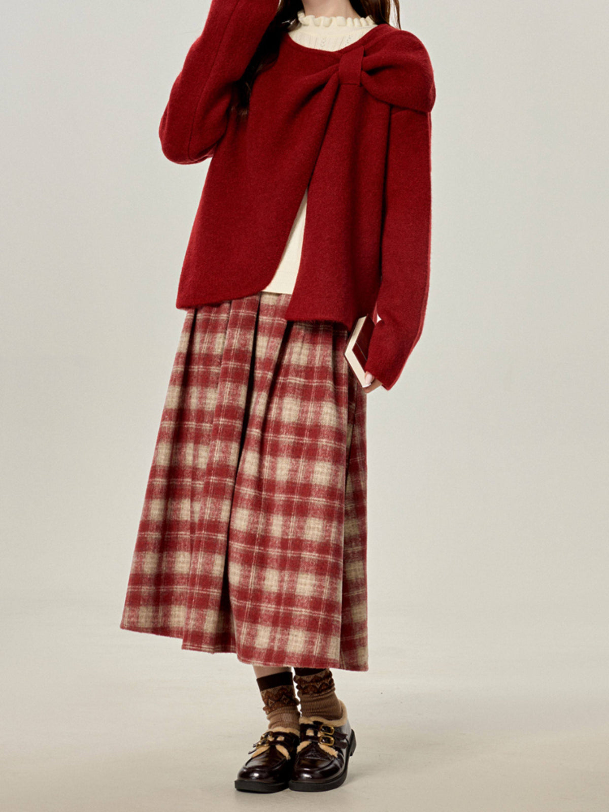 Crimson Archive Knit Cardigan, Tops & Midi Skirt-Sets-ntbhshop