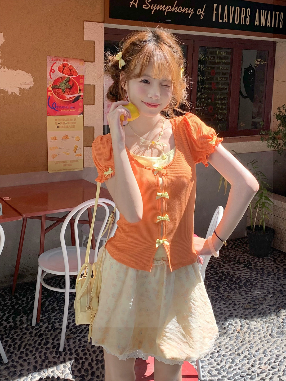Citrus Pop Ribbed Puff Top & Bubble Texture Skirt-ntbhshop