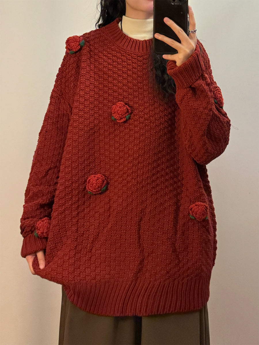 Rose Bloom Crochet Knit Sweater-Tops-ntbhshop