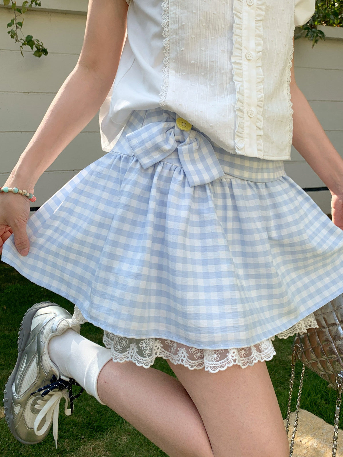 Cloud Gingham Lace Skirt-Bottoms-ntbhshop
