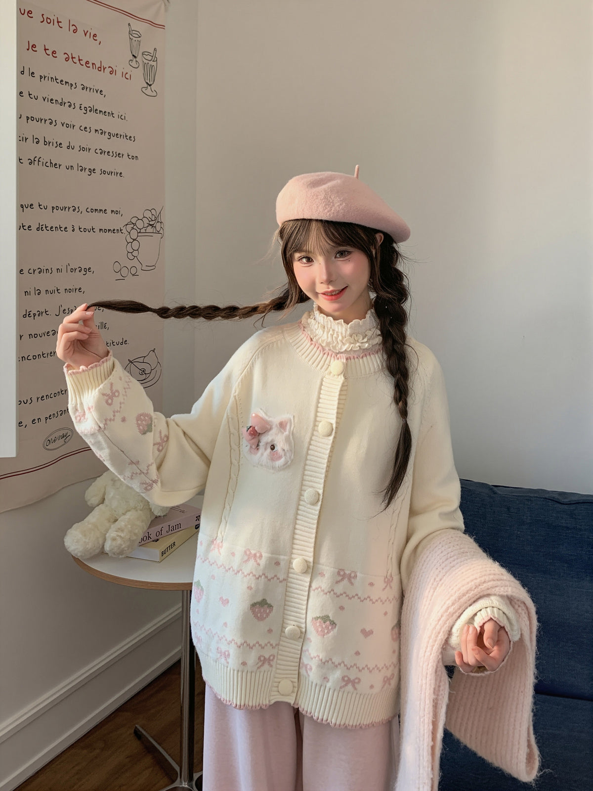 Strawberry Kitty Knit Cardigan-ntbhshop