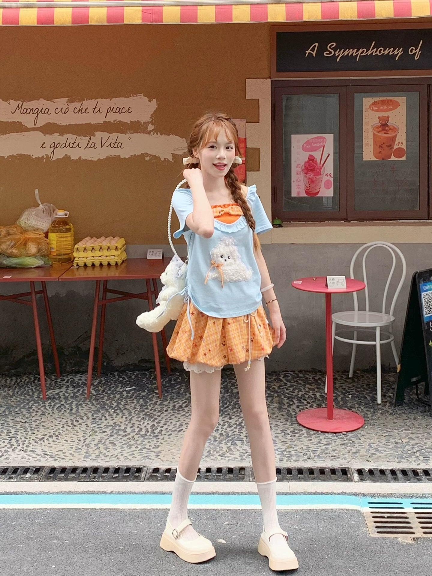 Pumpkin Pop Contrast Halter Tee & Plaid Bubble Skirt-ntbhshop