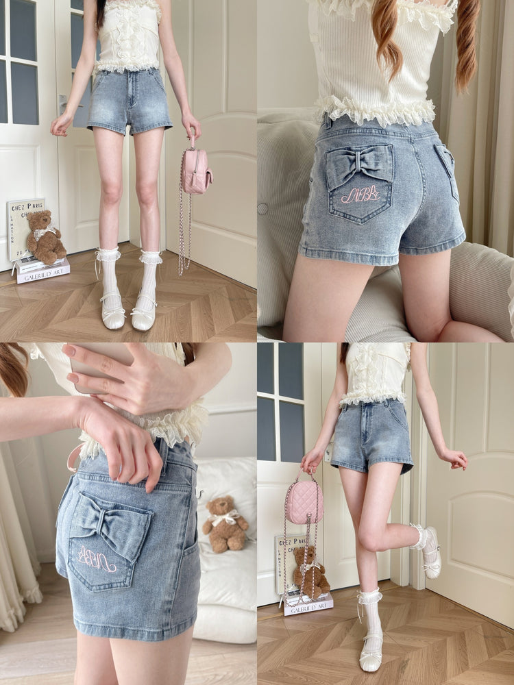 Ribbon Bow Denim Shorts-Bottoms-ntbhshop
