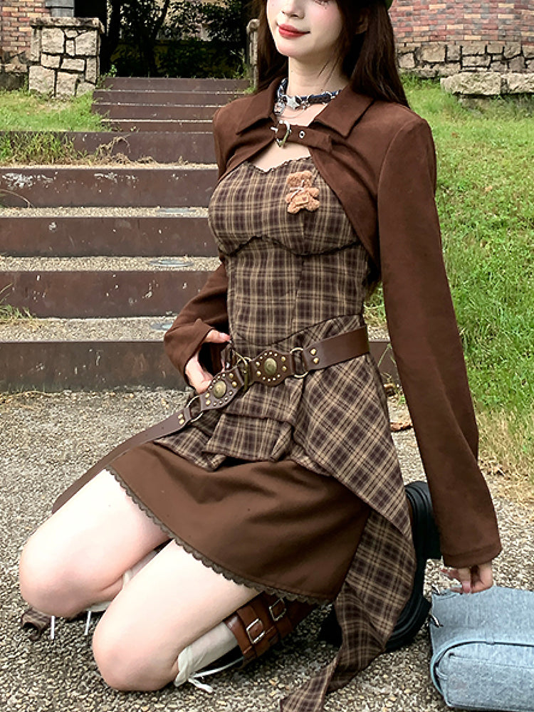 Cappuccino Crop Jacket & Plaid Dress-ntbhshop