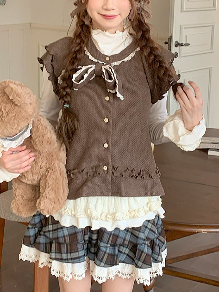 Milk Coffee Bear Vest, Blouse & Skirt-ntbhshop