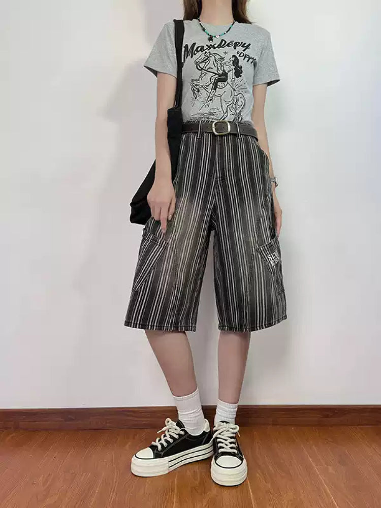 Dusty Ink Stripe Denim Shorts-Bottoms-ntbhshop