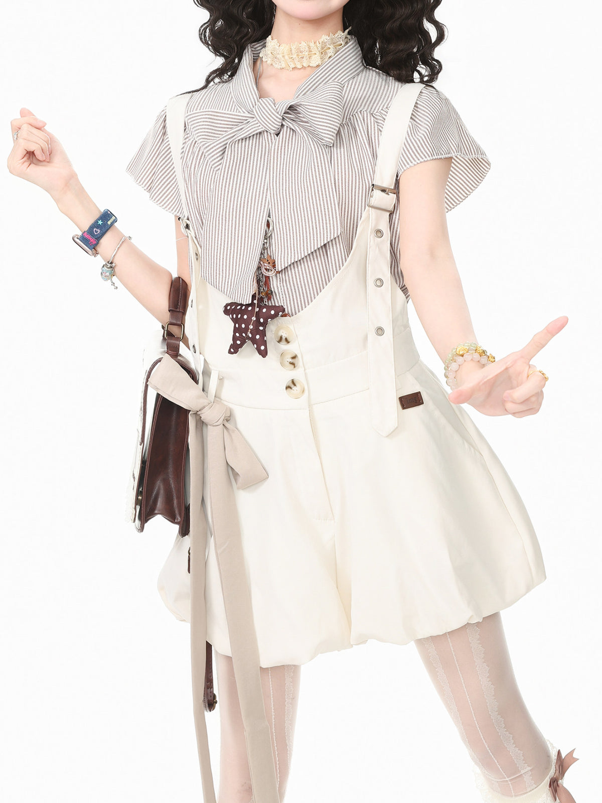 Vanilla Latte Stripe Blouse & Overall Shorts-Sets-ntbhshop