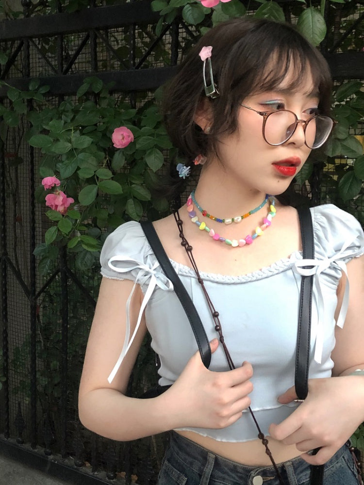 Sweet Dopamine Puff Sleeve Cherry Bow Crop Tops-ntbhshop