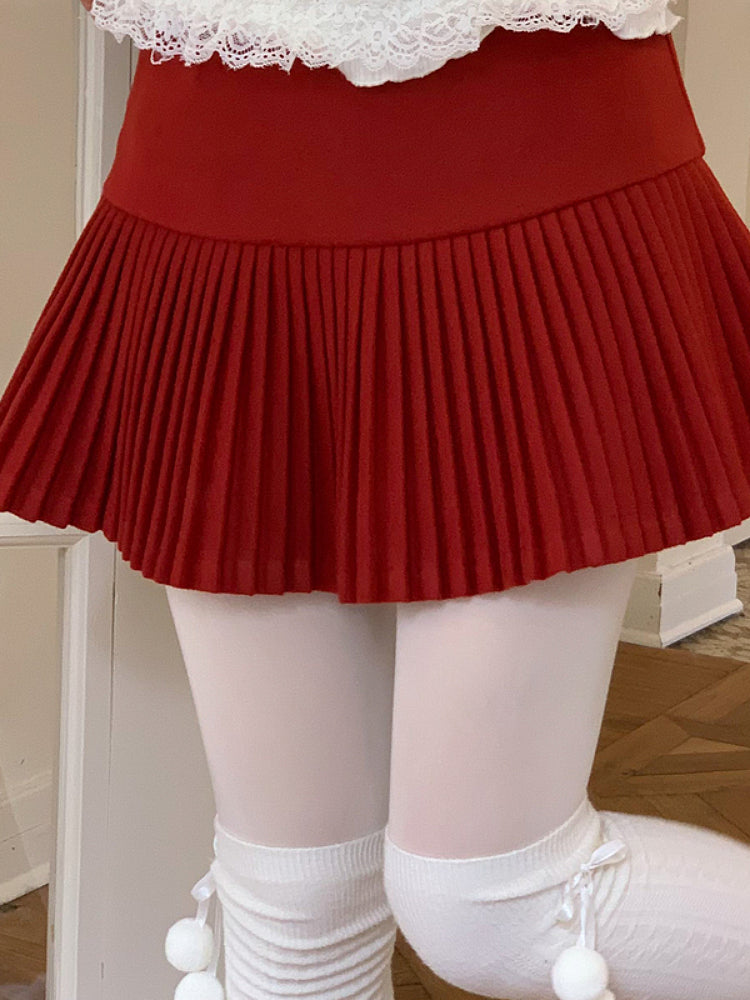 Berry Cream Pleated Skirt-ntbhshop