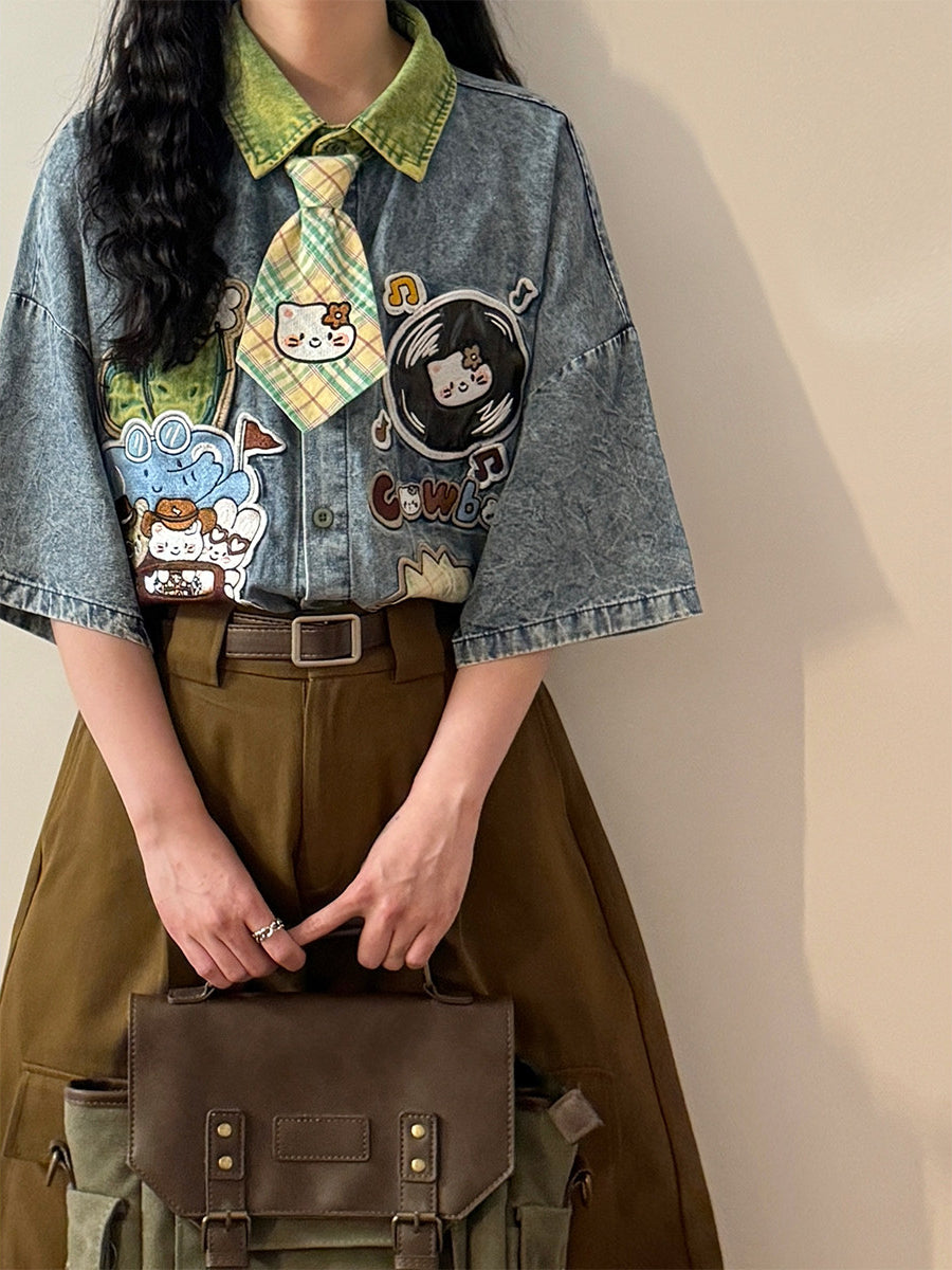 Kitty Patch Denim Tie Shirts-Tops-ntbhshop
