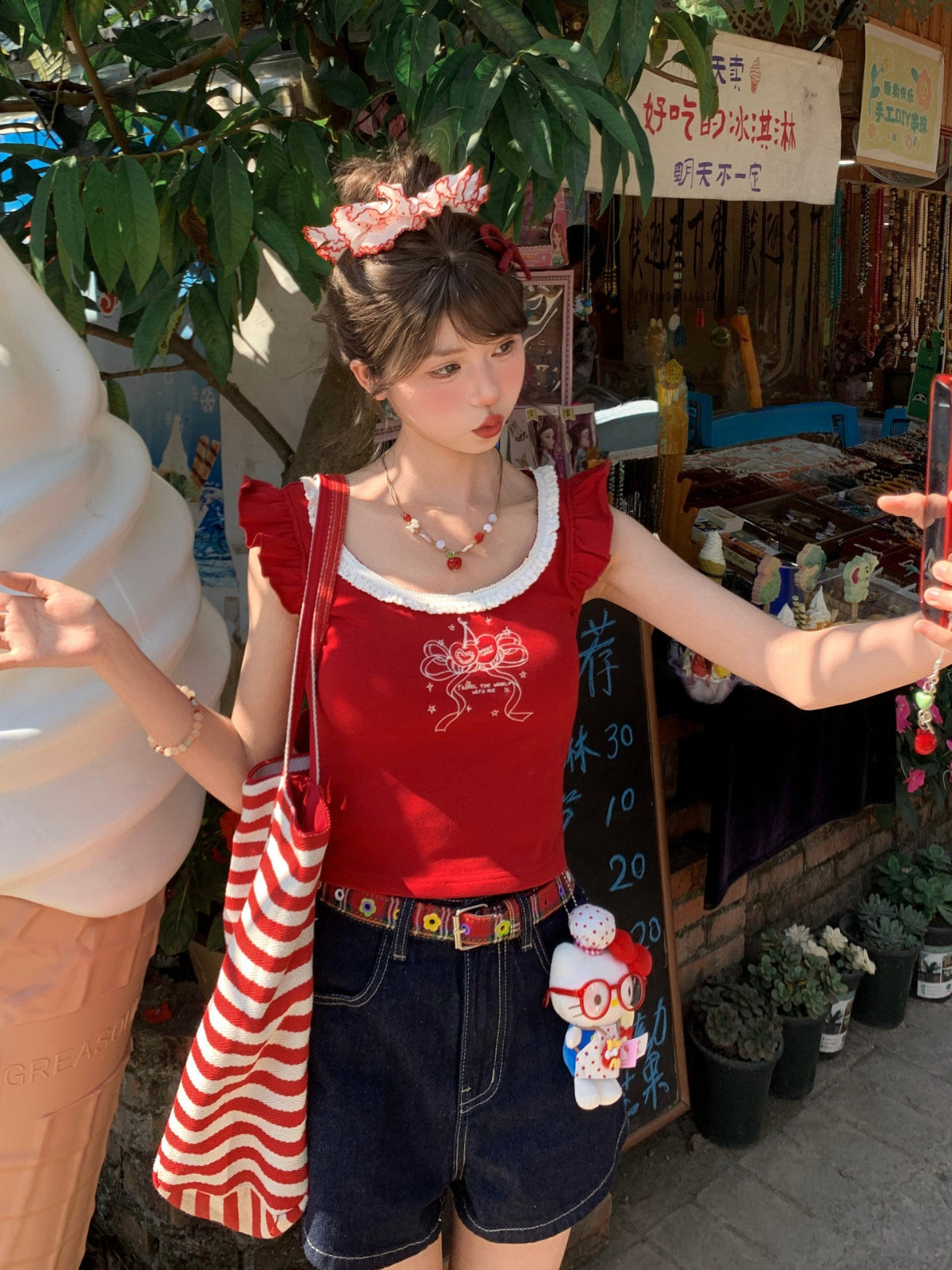 Cherry Ribbon Lace Tank Tops - ntbhshop
