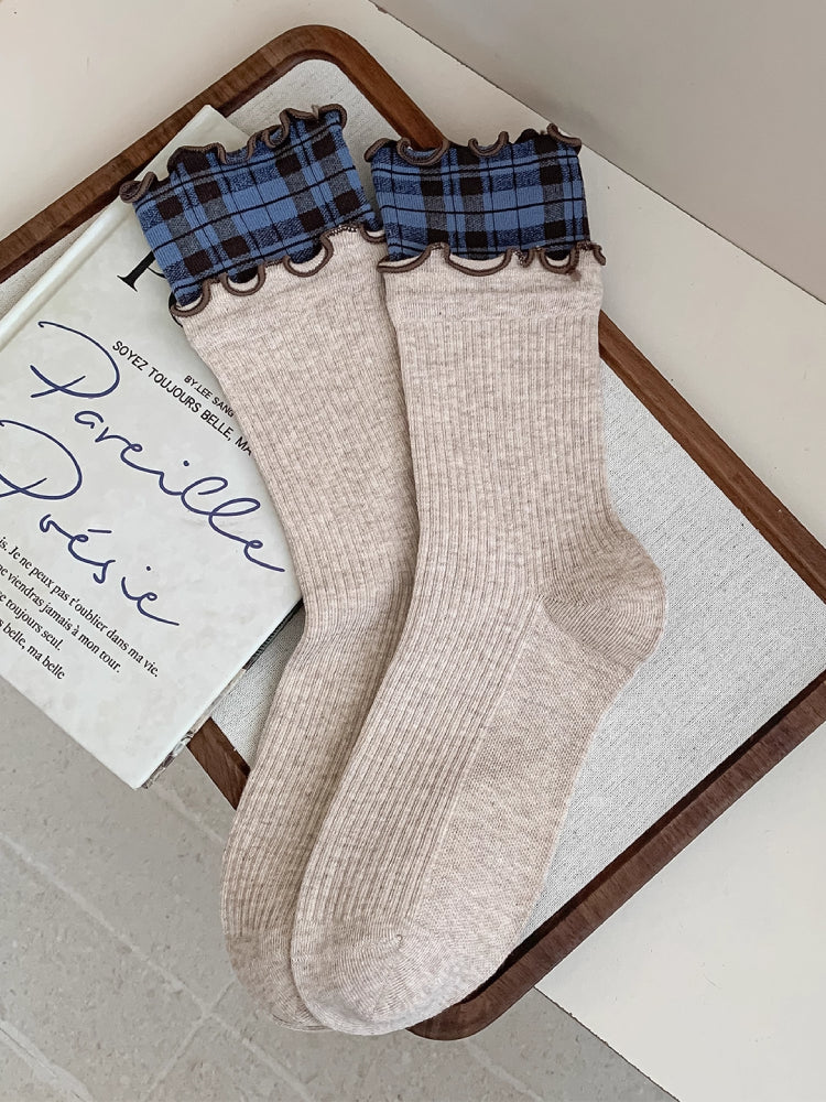 Curly Retro Plaid Crew Socks-ntbhshop