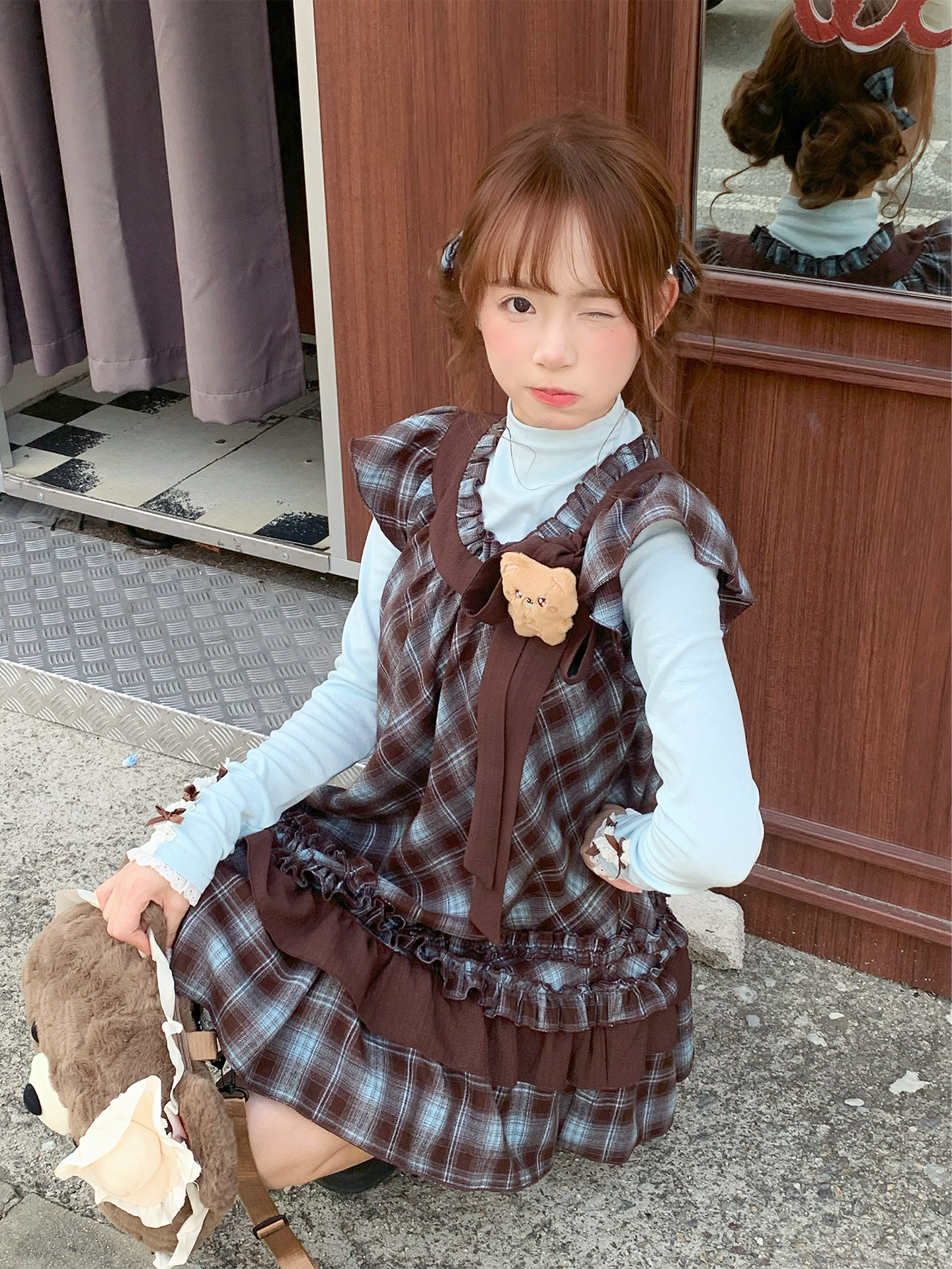 Berry Bear Base Top & Plaid Doll Dress-Sets-ntbhshop