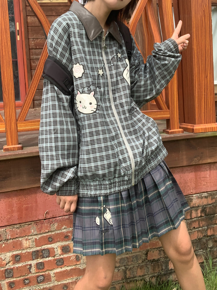 Call My Cat Leather Collar Plaid Jacket-ntbhshop