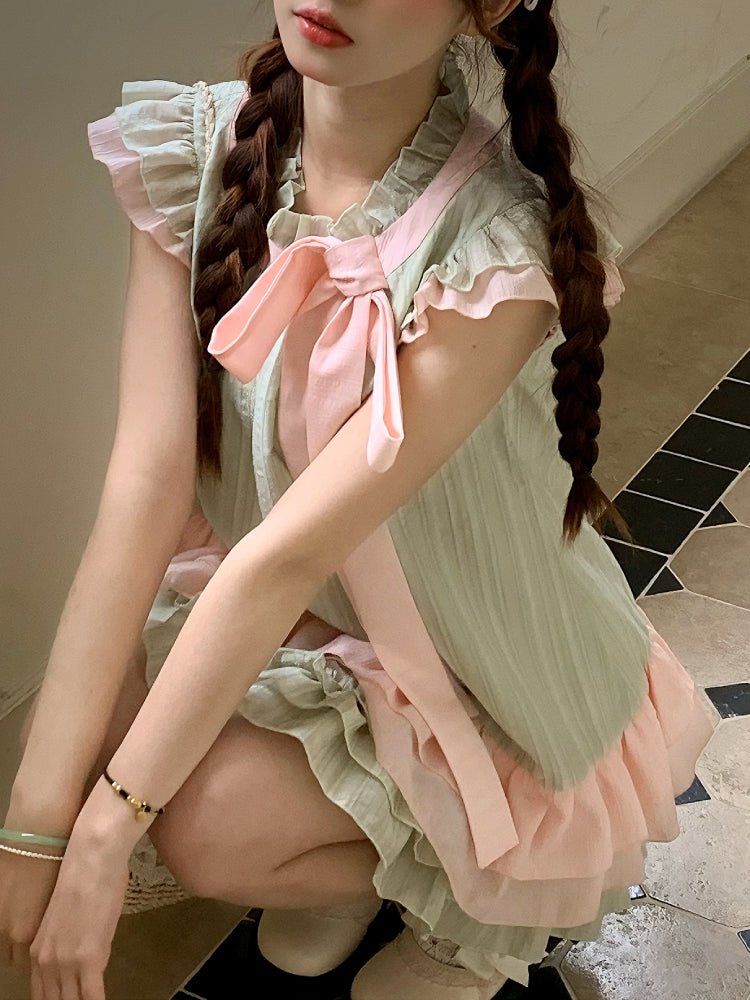 Matcha Sakura Fairy Sleeve Blouse & Cake Skirt-ntbhshop