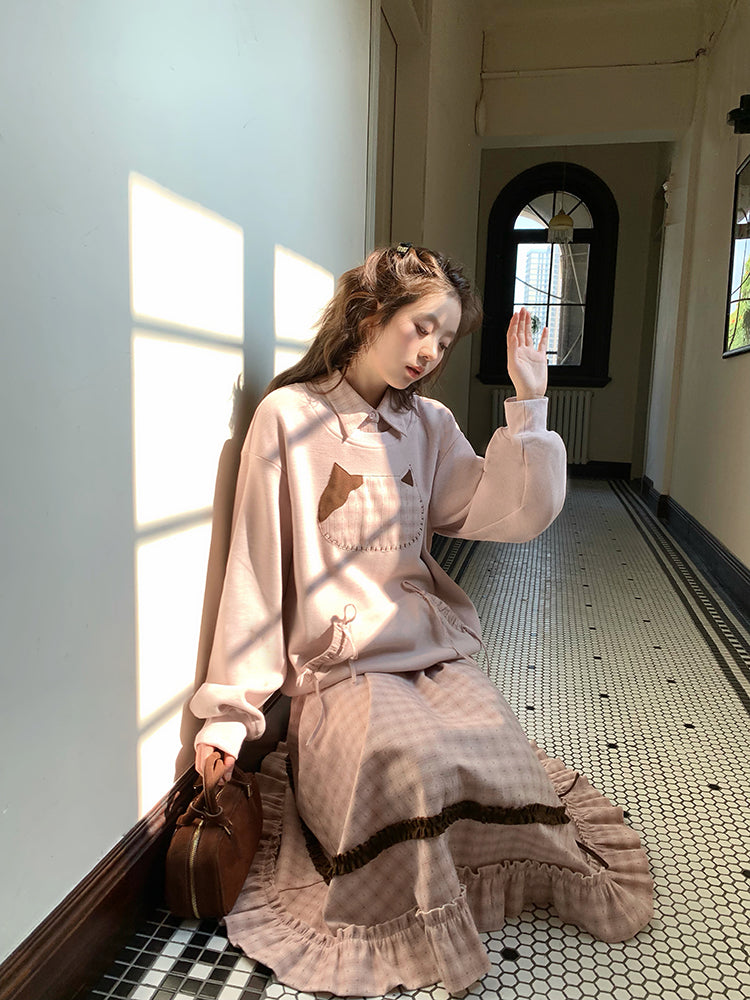 Milk Tea Cat Sweatshirt & Plaid Skirt-Sets-ntbhshop