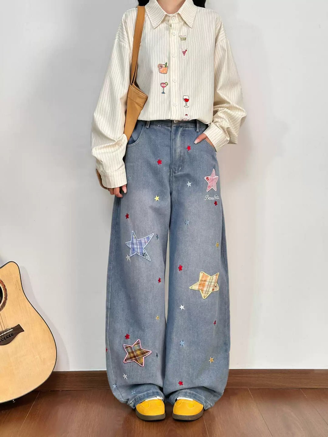 Stargazer Patch Wide Leg Jeans-Bottoms-ntbhshop