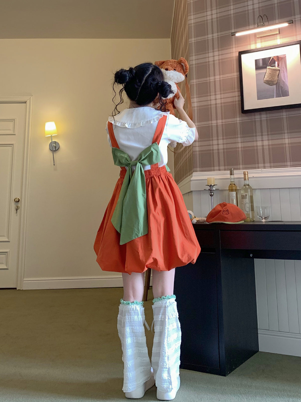 orange overall dress Fox Rose Cotton Primary color:Ivory Lining Black Silk satin Maxi Regular Fit size:Children