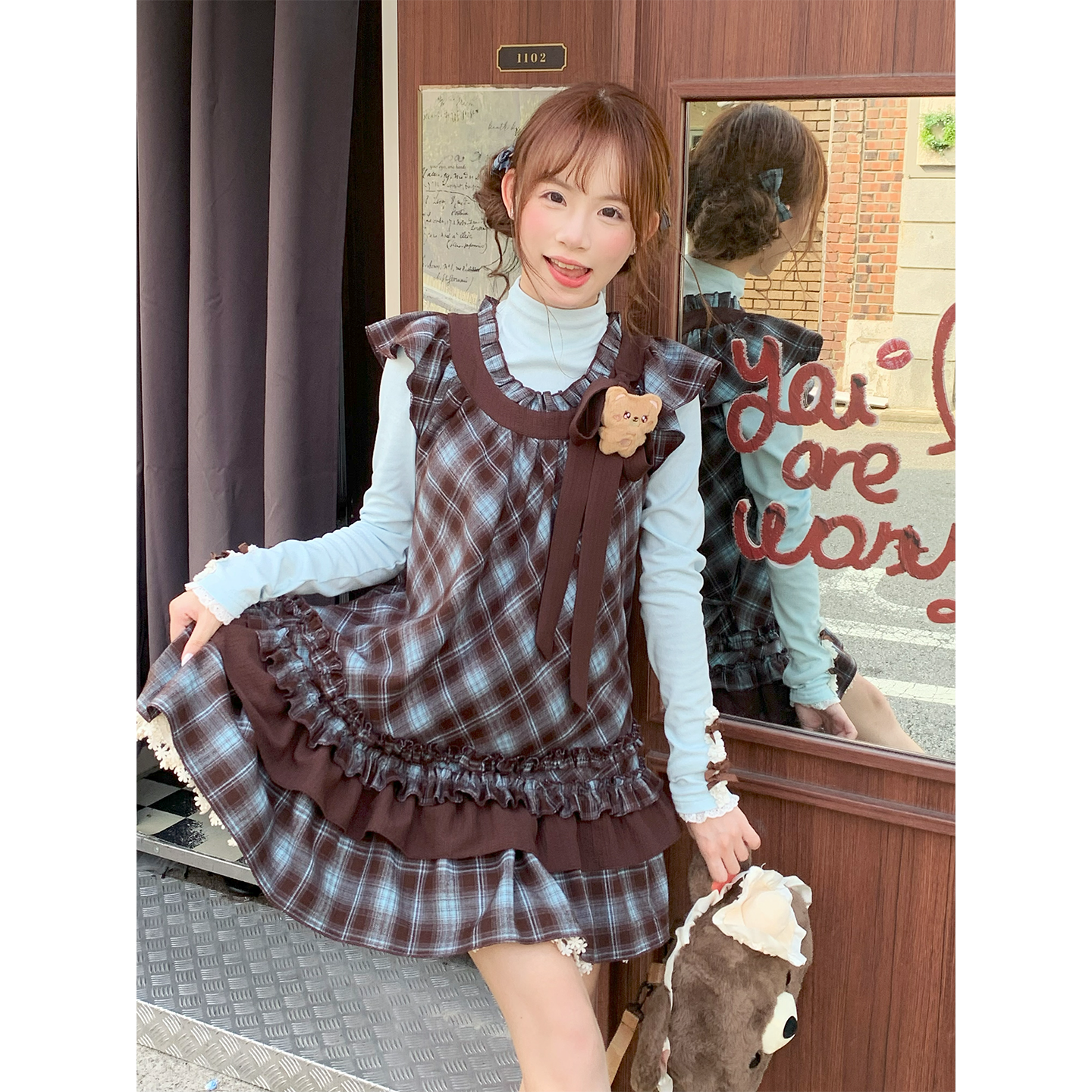 Berry Bear Base Top & Plaid Doll Dress-Sets-ntbhshop