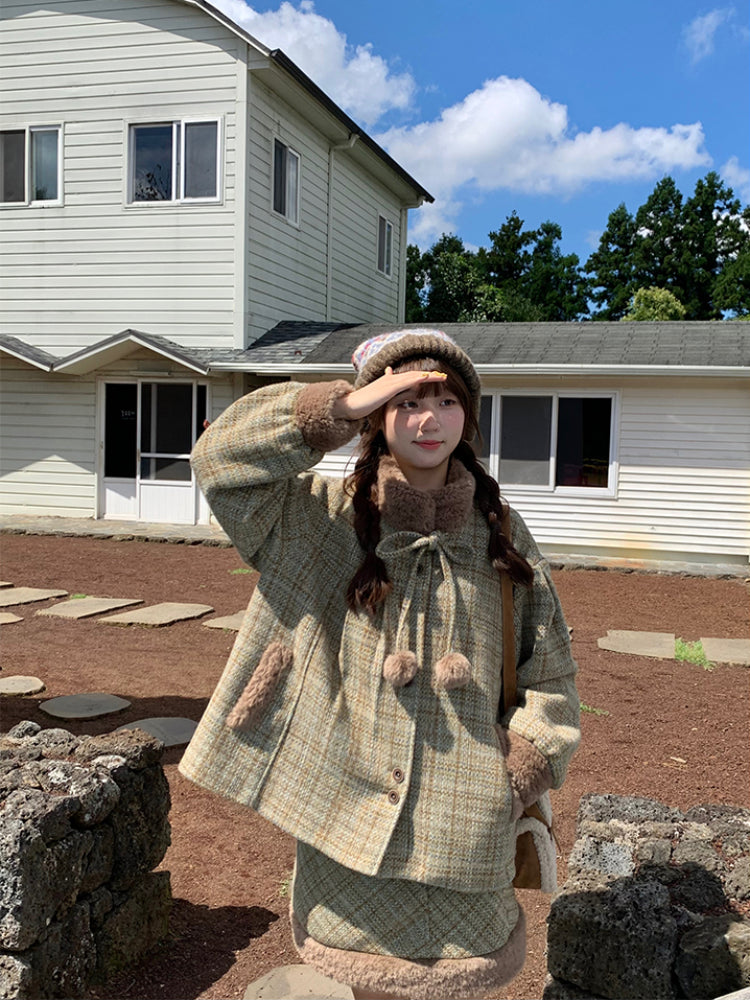 Tweed Teddy Pompom Coat & Skirt-ntbhshop