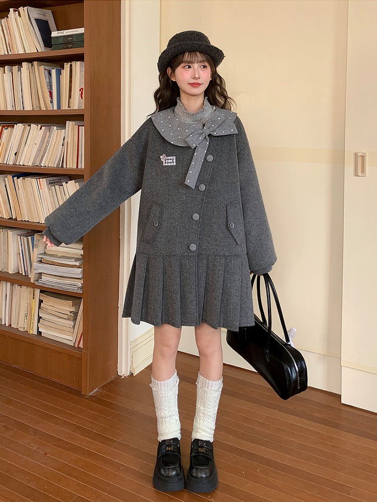Grey Library Bow Woolen Coat-ntbhshop