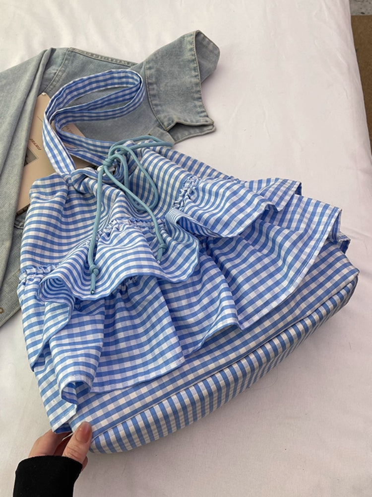 Cloud Check Gingham Ruffle Tote Bags-ntbhshop