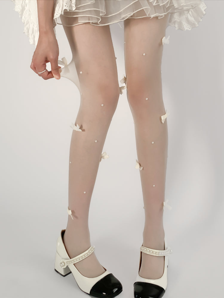 Cream Puff Lolita Bow Pearl Tights-ntbhshop