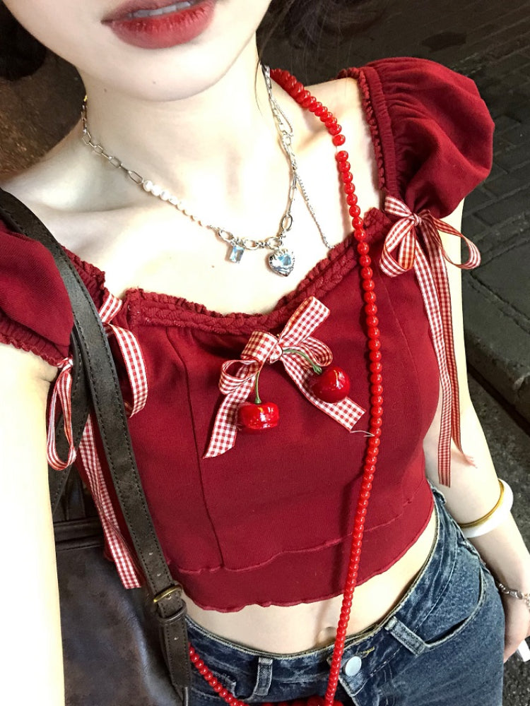 Sweet Dopamine Puff Sleeve Cherry Bow Crop Tops-ntbhshop