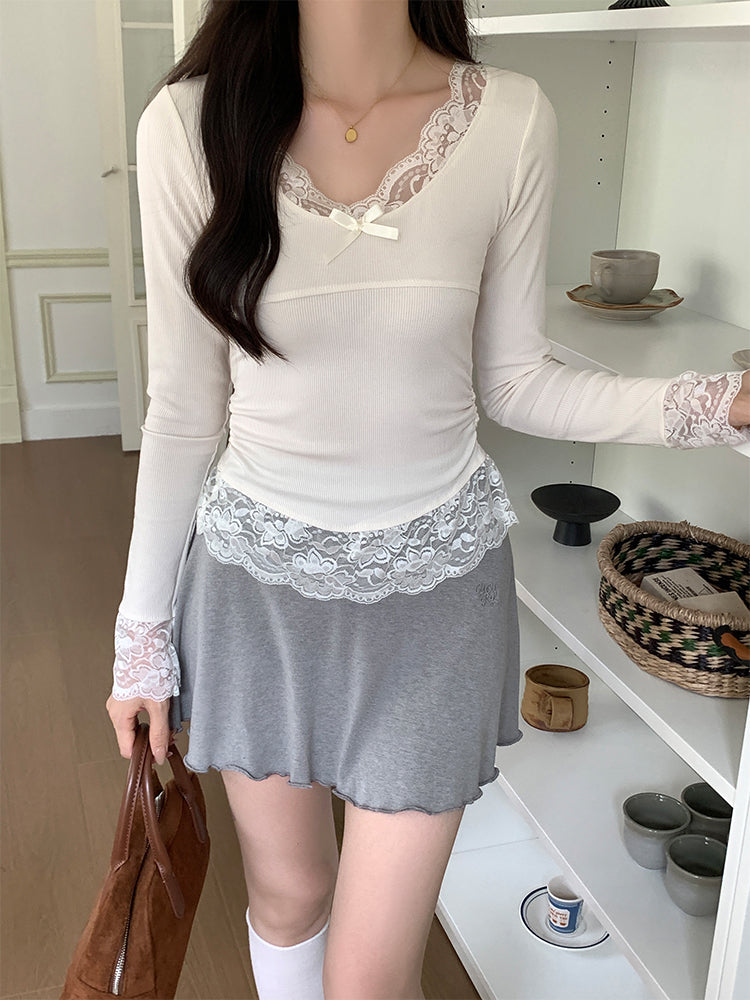 Lace Petal Lace Long Sleeve Tops-ntbhshop