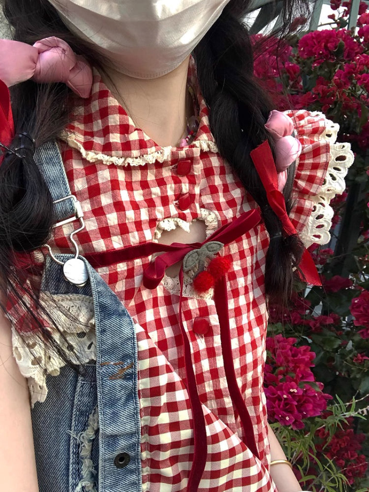 Cherry Pop Fairy Sleeve Gingham Blouses-ntbhshop
