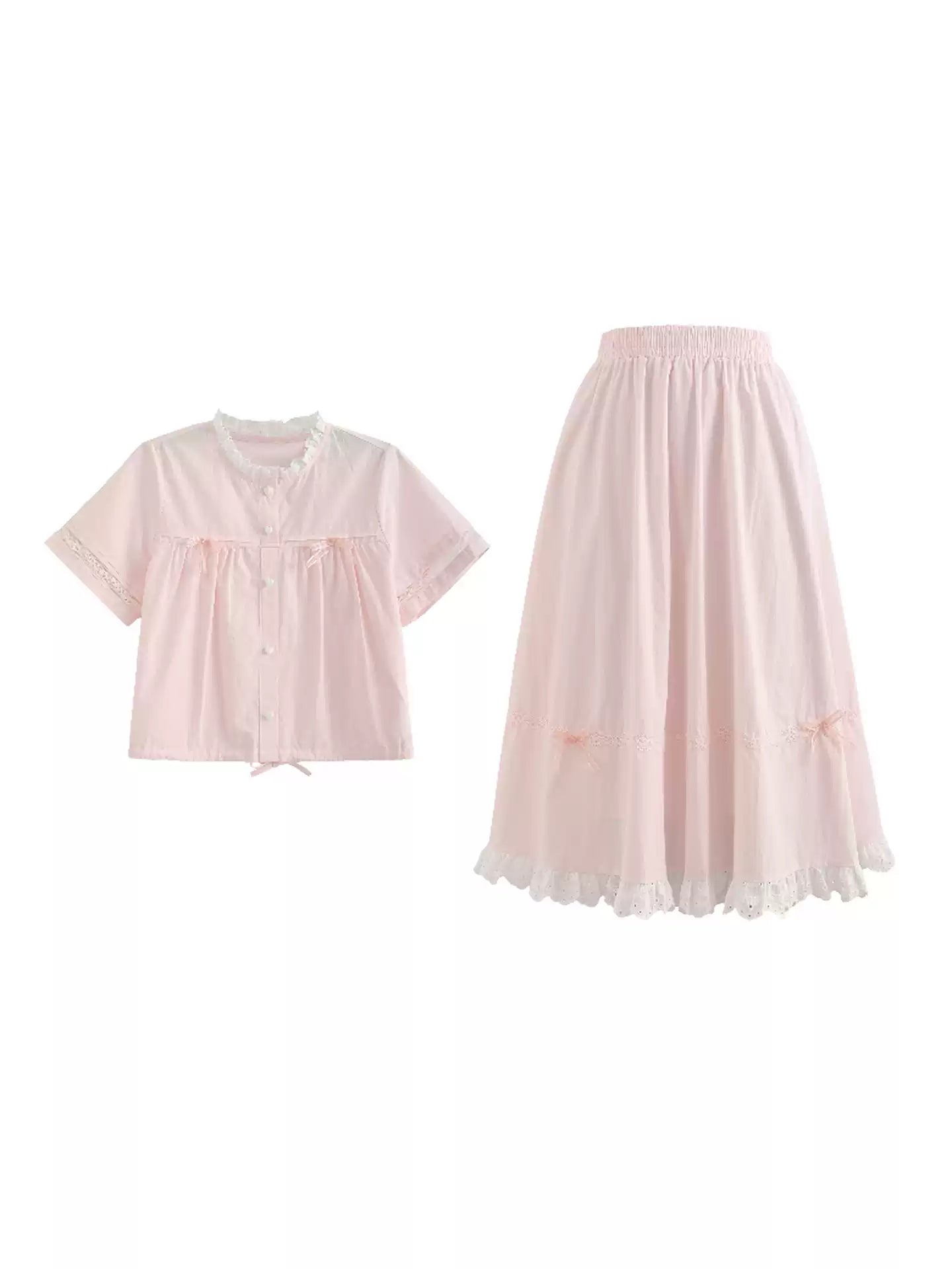 Rose Milk Cotton Blouse & Skirt-Sets-ntbhshop
