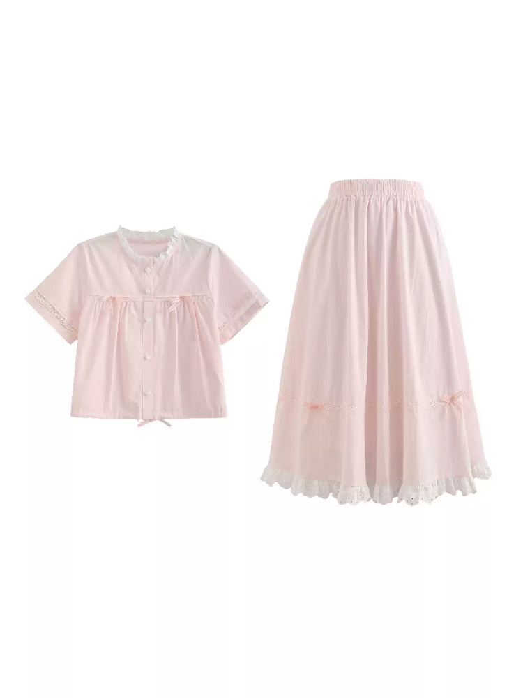 Rose Milk Cotton Blouse & Skirt-Sets-ntbhshop