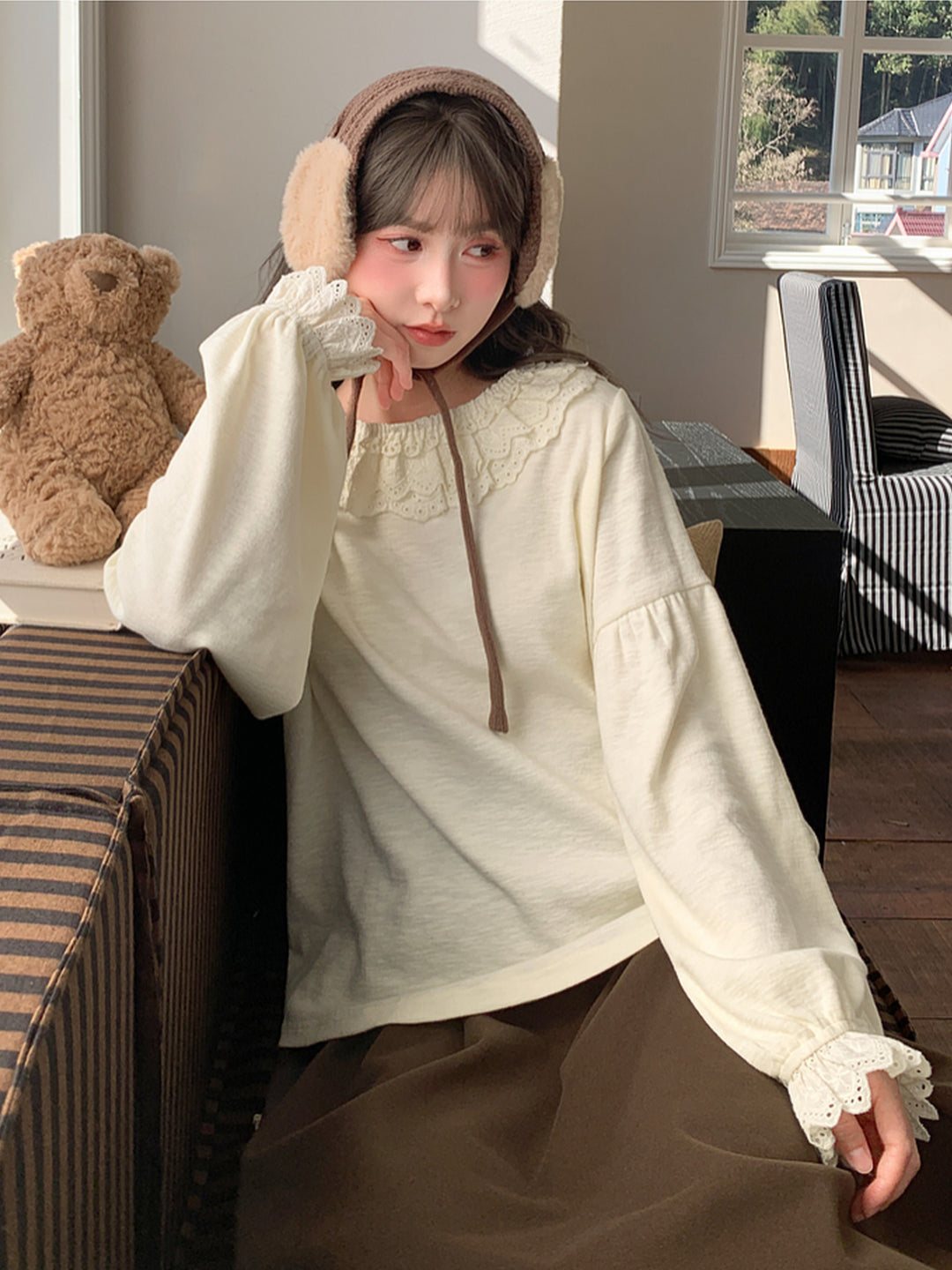 Apricot Milk Lace Collar Blouse-Tops-ntbhshop