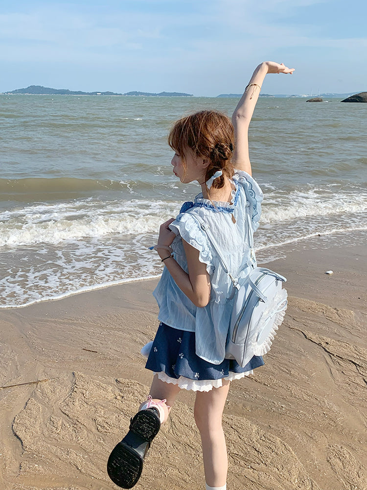 Ocean Whisper Fairy Sleeve Blouse, Dress & Denim Skirt-ntbhshop