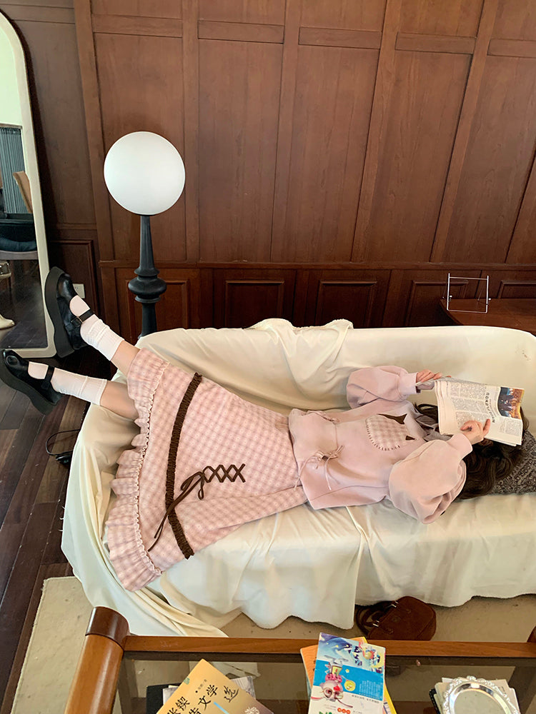 Milk Tea Cat Sweatshirt & Plaid Skirt-ntbhshop