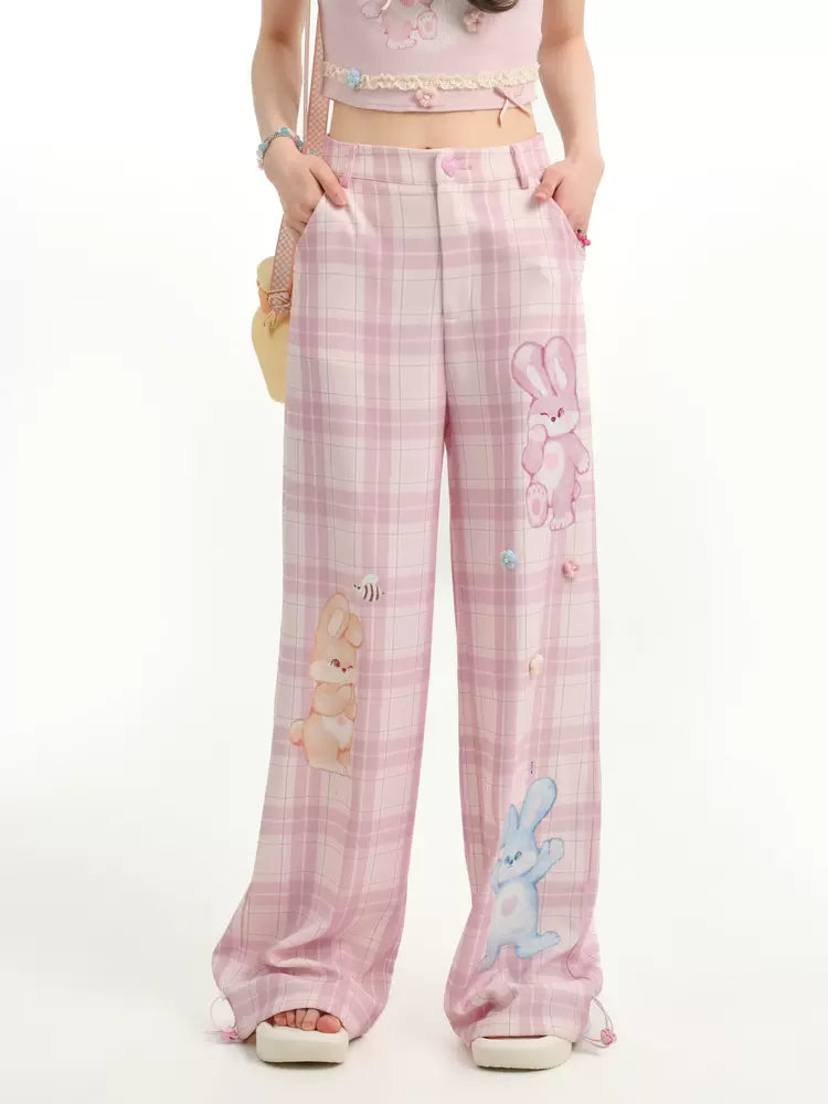 Lovely Bunny Sweet Pink Plaid Wide Leg Straight Pants-ntbhshop
