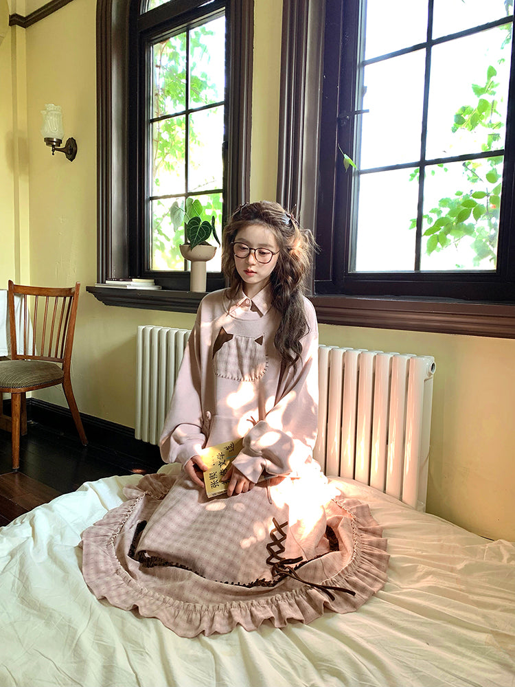 Milk Tea Cat Sweatshirt & Plaid Skirt-ntbhshop
