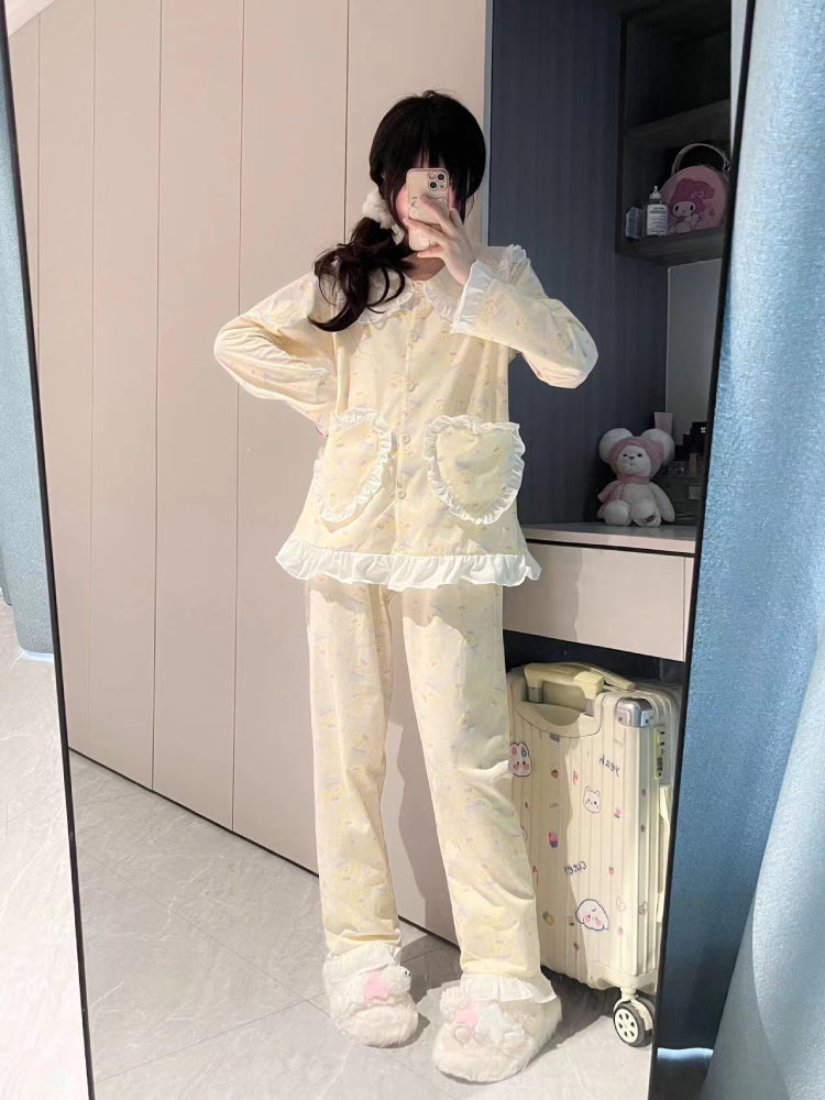 Butter Lemon Cute Ruffle Sleeve Pajamas Sets-ntbhshop