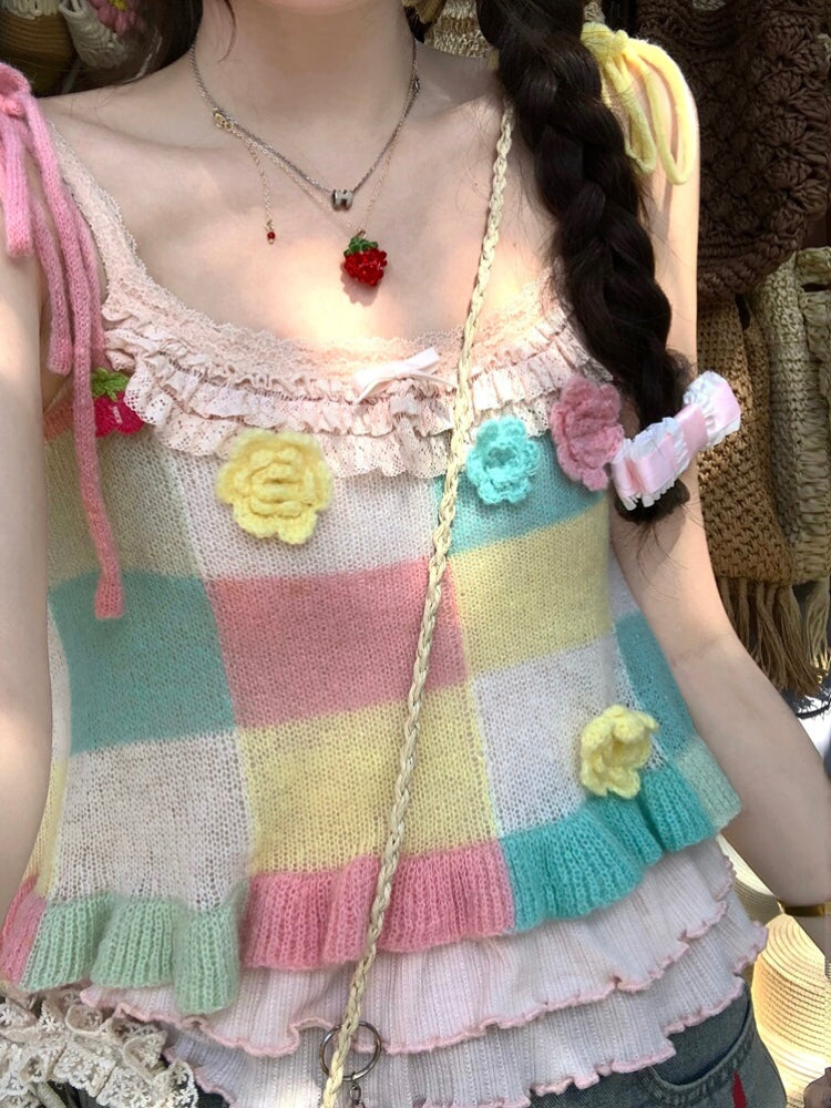 Candy Patch Checkered Flower Knit Vests-ntbhshop