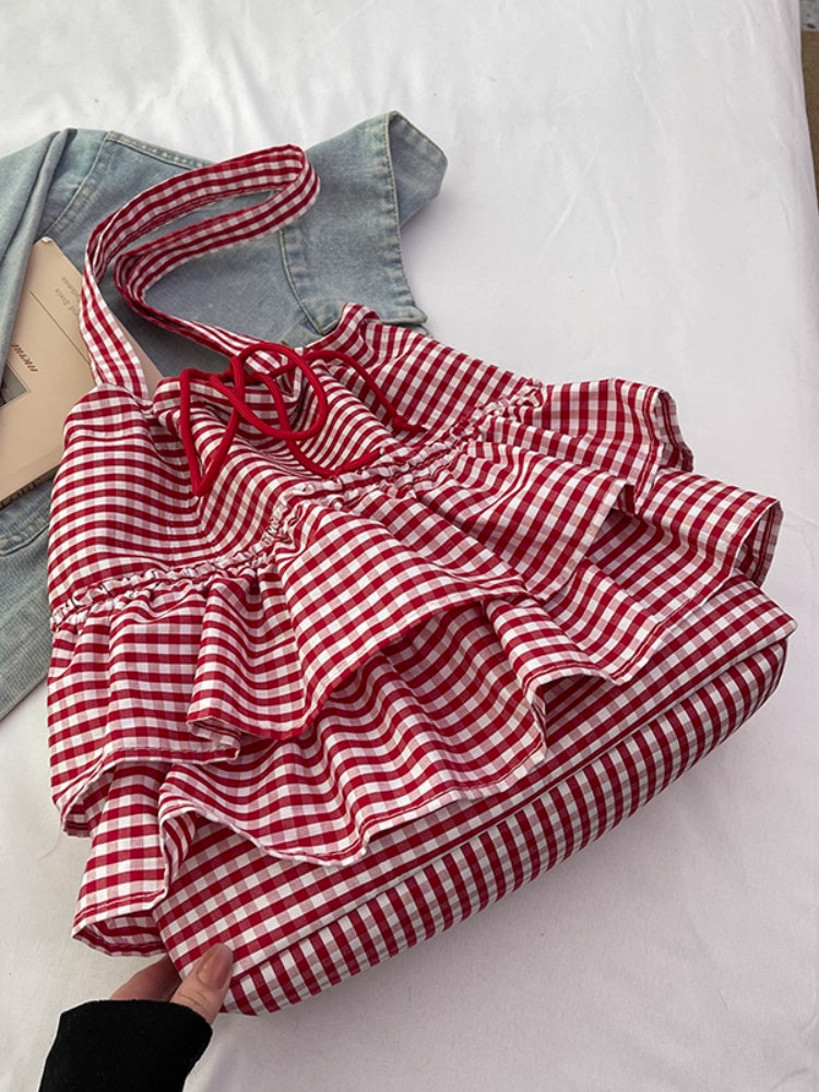 Cloud Check Gingham Ruffle Tote Bags-ntbhshop