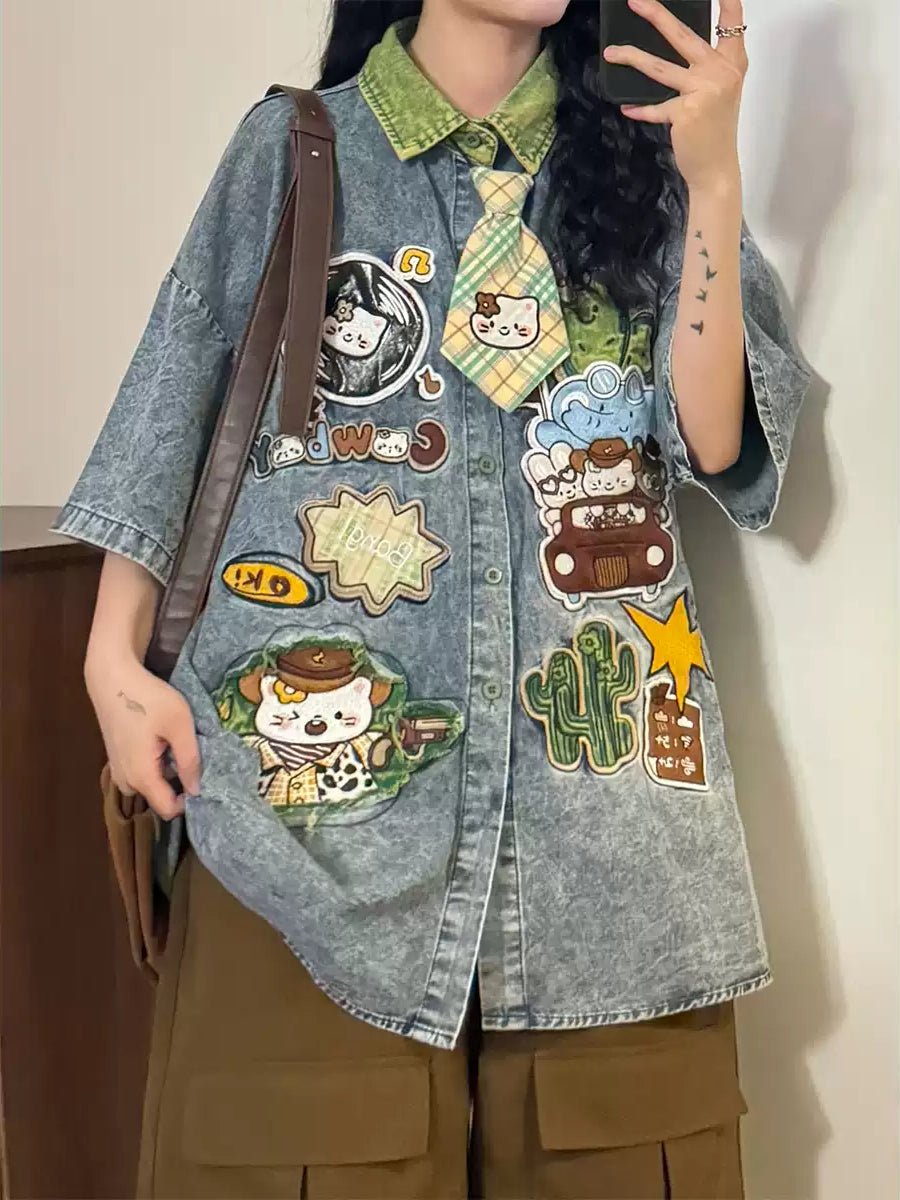 Kitty Patch Denim Tie Shirts-Tops-ntbhshop