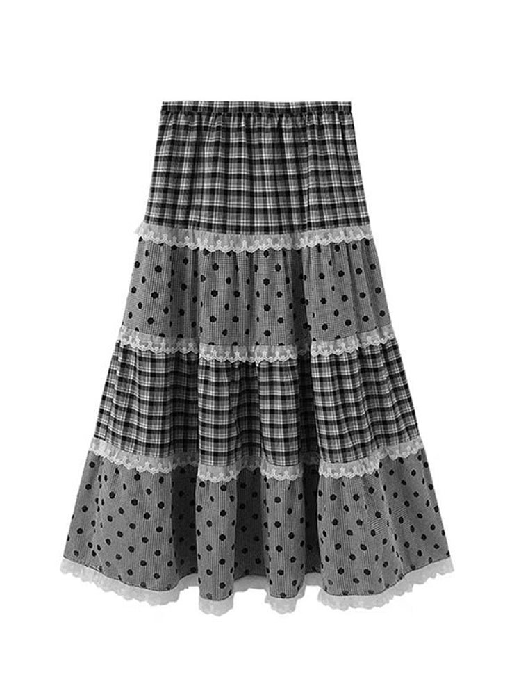 Black Sesame Plaid Lace Maxi Skirt-ntbhshop