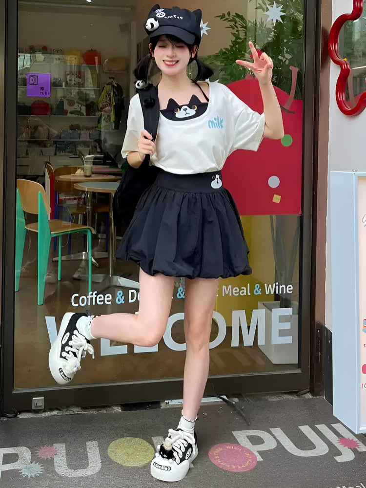 Milk Cat Layered Tee & Bubble Skirt-Sets-ntbhshop