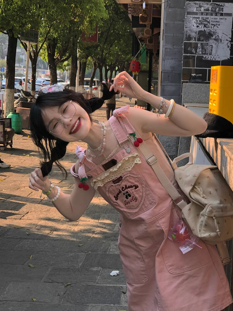 Sweet Cherry Denim Dungaree Dresses-ntbhshop