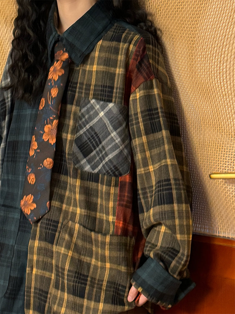 Retro Patchwork Unisex Plaid Shirt-ntbhshop