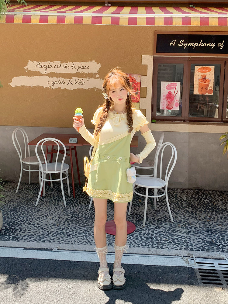 Green Apple Puff Sleeve Blouse & Overall Skirt-ntbhshop