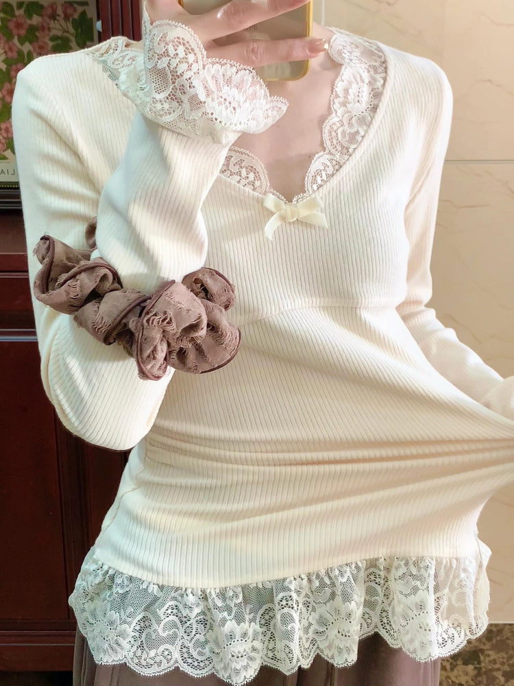 Lace Petal Lace Long Sleeve Tops-ntbhshop