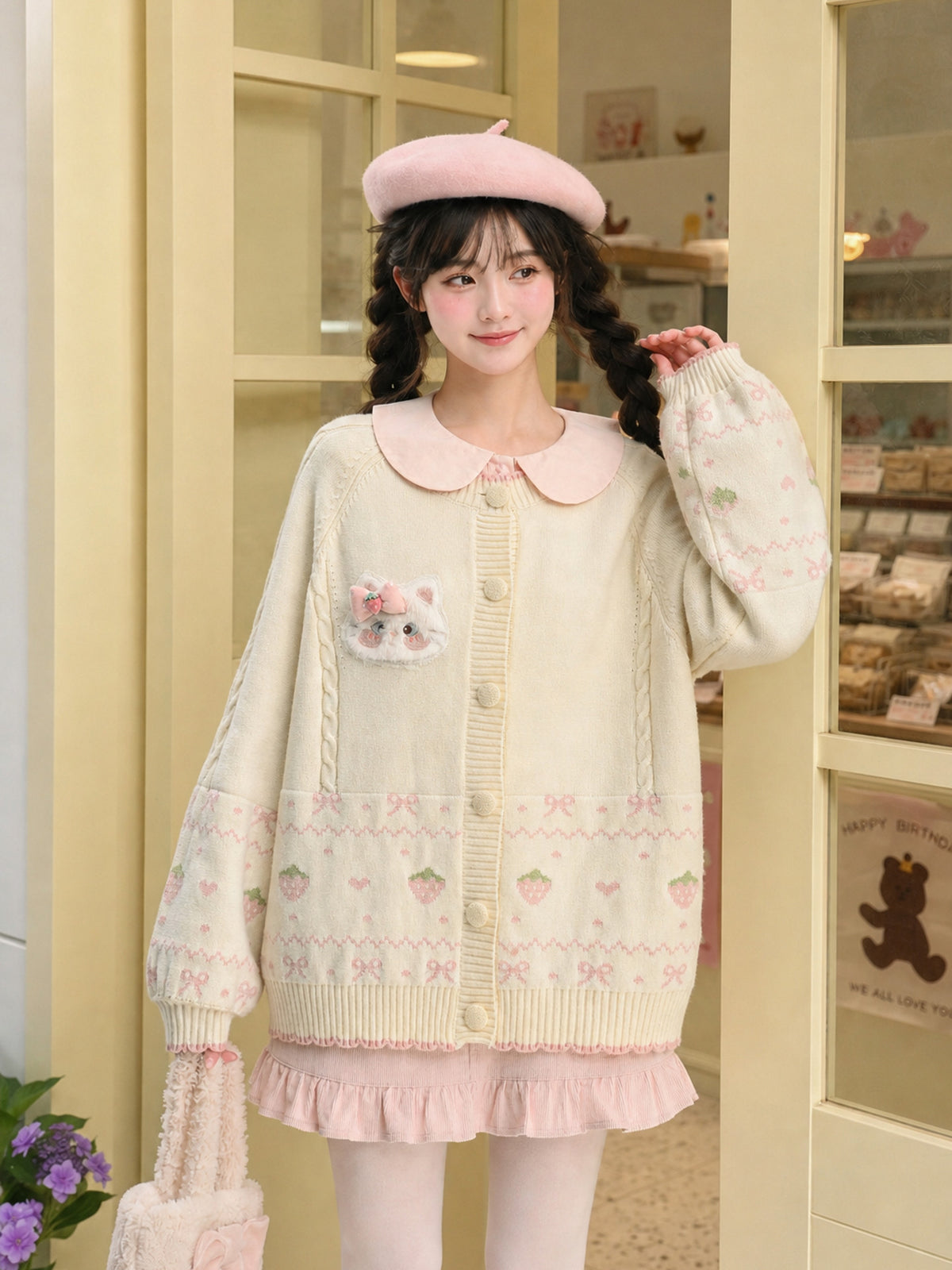 Strawberry Kitty Knit Cardigan-ntbhshop
